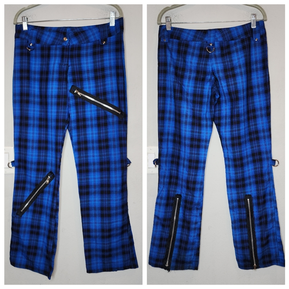 Vintage Lip Service Blue Plaid Bondage Pants Zipper D Ring Punk Rave 90's Sz 7